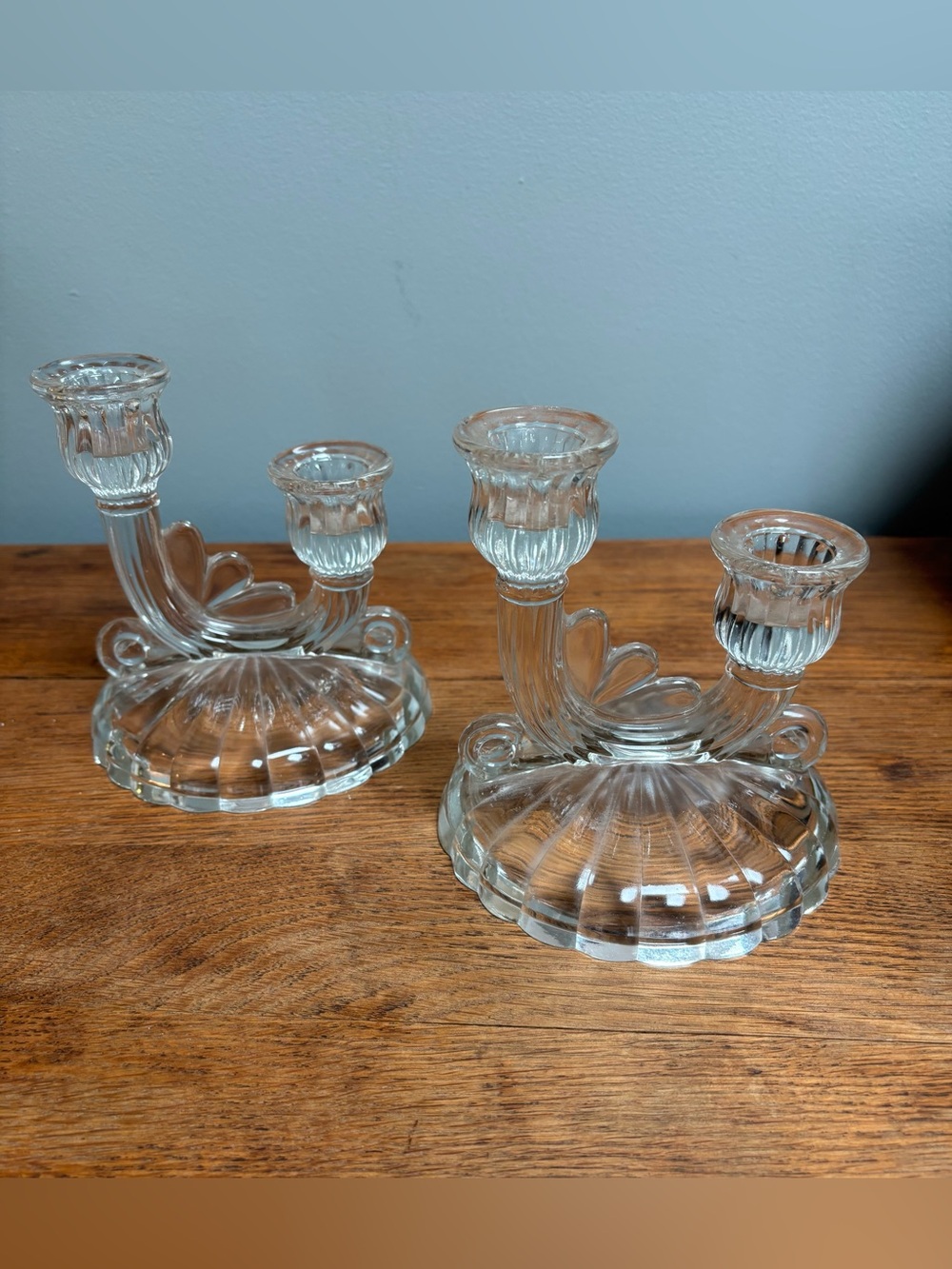 Vintage Mid-Century Jeannette Glass Clear Double Candle Holders  Lovely Display!
